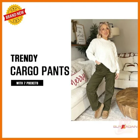 High Waist Wide Leg Cargo Pants with 7 Pockets Stretchy Drawstring